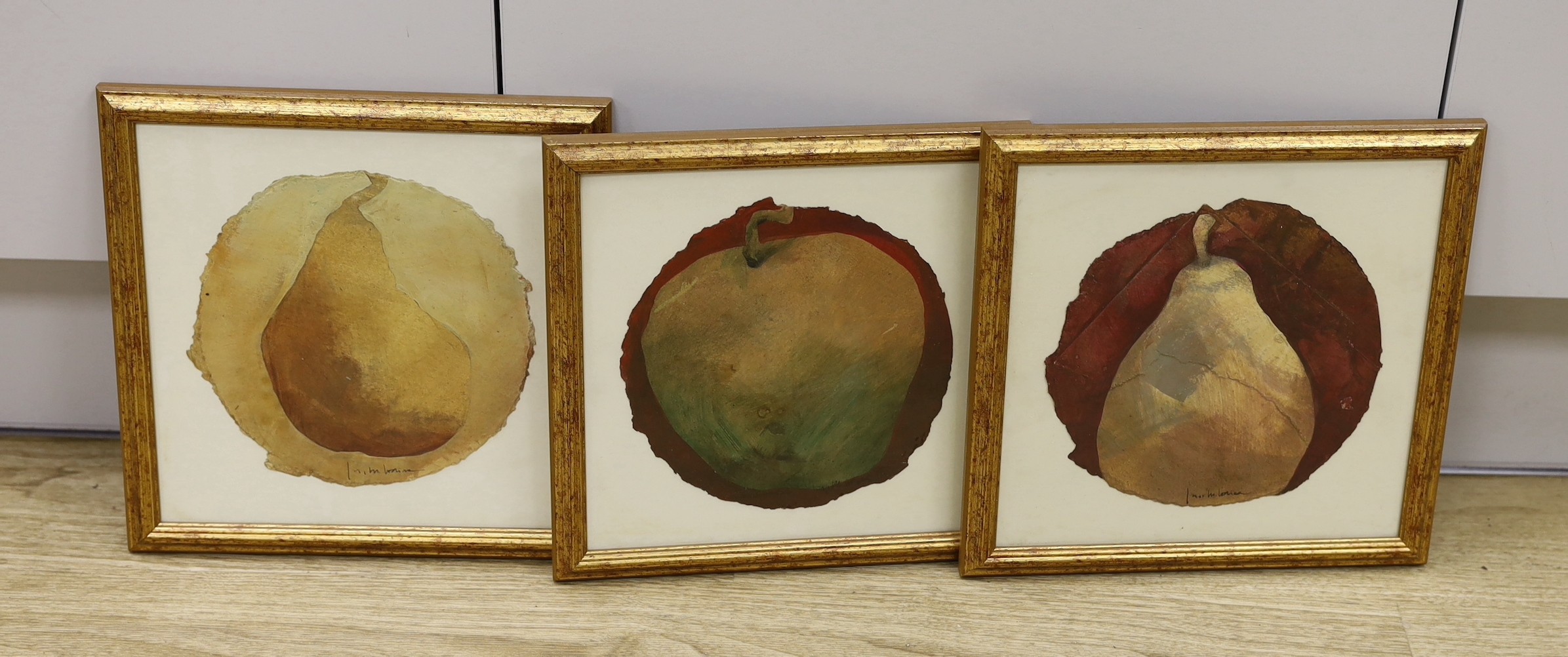 Josep Maria Codina I Filba (Spanish, b. 1958), three mixed media works, Studies of Fruit, signed, tondo, 19cm., Art Supermarket labels verso